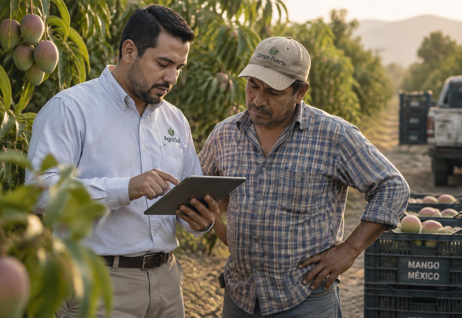Asesor técnico y productor revisando información en campo